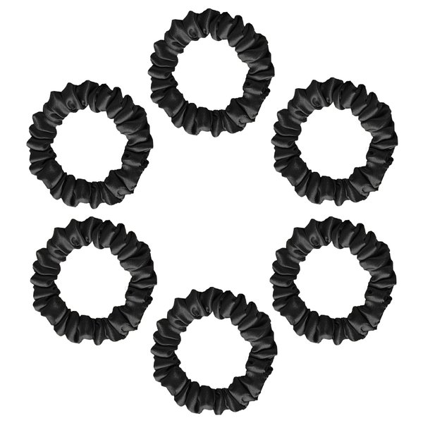 SILVR BEAR Luxury Satin Skinny Scrunchies, Small Satin Hair Ties for Thin Hair, Hair Tie Scrunchies for Women, Girls and Men, Softer than Silk Scrunchies, 6 Pack ponytail holders - Black Skinny