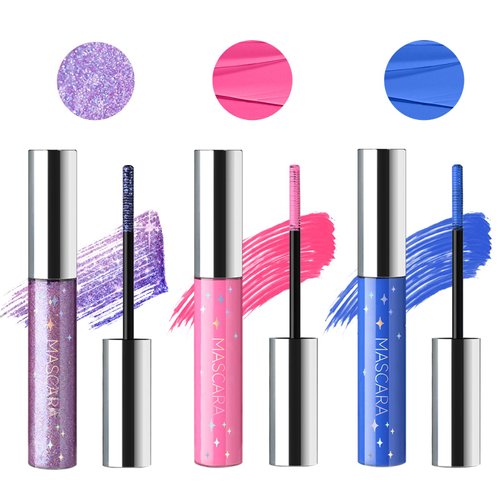 HOSAILY 3pcs Glitter Mascara Waterproof Long Lasting Lightweight Smudge-Proof Colored Mascara Diamond Sparkling Purple Blue Pink Colorful Mascara Curling Eyelashes Mascara Makeup for Party（#1+#4+#6）