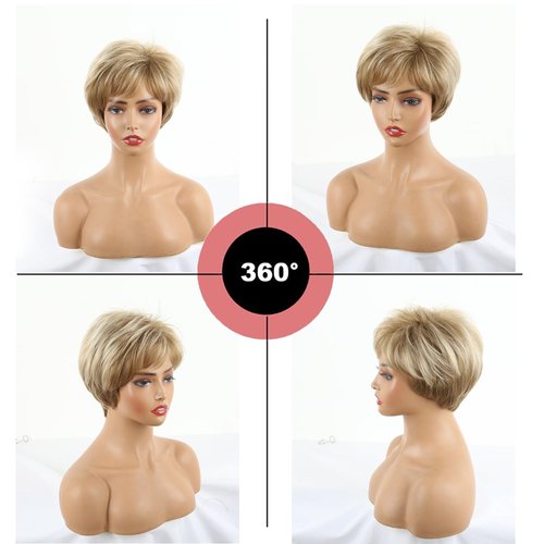 CINHOO Short Blonde Wigs for White Women Synthetic Pixie Cut Wig with Bangs,Short Hair Wigs for Women with Blonde Highlight Tousled Waves/Blended and Rooted Shades(Shades of Blonde, Silver and Brown)