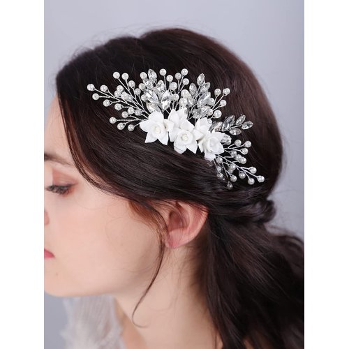 JWICOS Bride Wedding Hair Comb Flower Crystal Wedding Hair Accessories for Women and Girls Pearl Hair Piece for Brides and Bridesmaids