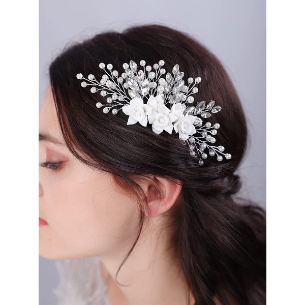 JWICOS Bride Wedding Hair Comb Flower Crystal Wedding Hair Accessories for Women and Girls Pearl Hair Piece for Brides and Bridesmaids