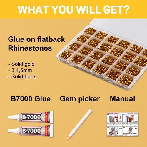 20100Pcs Gold Rhinestones with b 7000 Glue for Crafts Clothing Clothes Nails, Gold Flatback Crystals Diamonds for Clothing Fabric Shoes, Flat Back Rhinestones Bulk Bedazzle Kit 2/3/4/5/6mm Gemstones