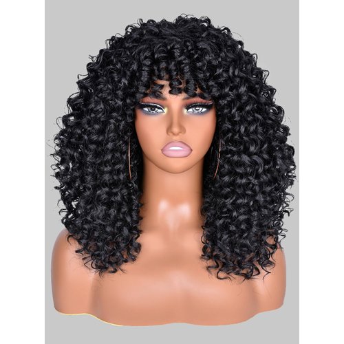 CurlCOO Black Curly Wigs for Black Women Short Kinky Curly with Bangs Synthetic Fiber Glueless Long Kinky Curly Hair 14 inch（Black）