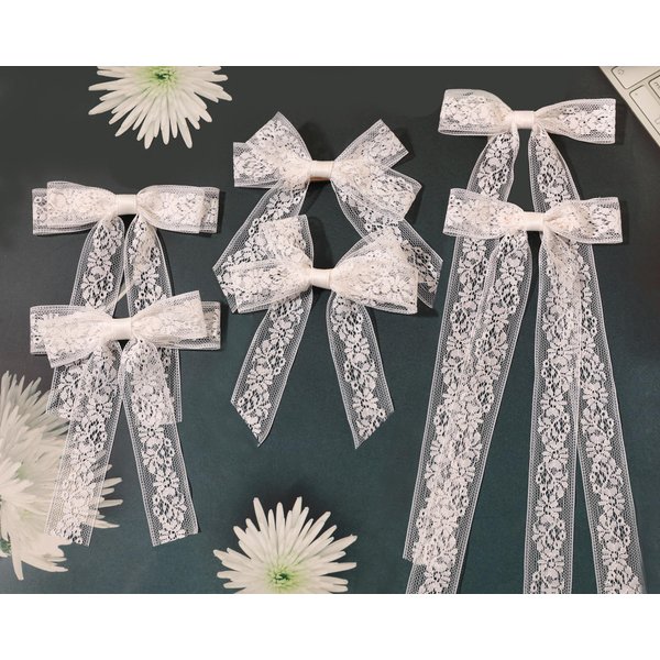 XFYUZR 6Pcs White Lace Hair Bows for Women Tulle Bows for Hair with Long Tail Ribbon Hairclip Metal Bow Hair Clips for Women Girls Bowknots Tassel Hair Barrettes