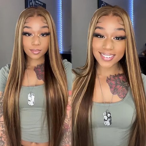 ISEE Wear & Go Glueless Wig Highlight Brown Wigs Silky Straight Pre-plucked 4x6 HD Transparent 4/27 Honey Blonde Lace Frontal Wigs 180% Density Colored Straight Human Hair Wigs for Women 18 Inch