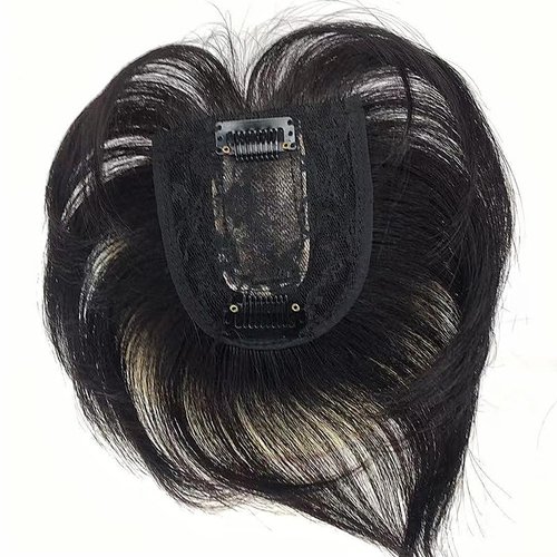 Real Human Hair Bangs Light Thin Clip in Hair Extensions for Women and Men 6 inches Middle Part Straight Hairpieces Topper (Black)