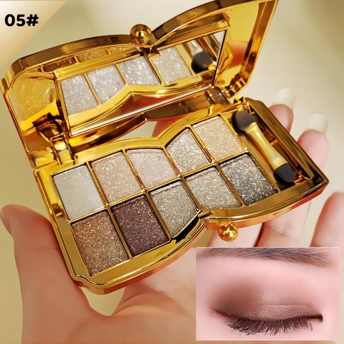 Ewinxin 10 Colors Glitter Eyeshadow Palette, Fine Pressed Shimmer Eye Shadow Powder Pallet, Diamond Bright Makeup Set for Women (Color #5)