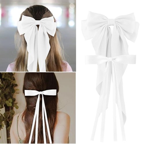 Hair Bows for Women Girls, 2 PCS Silky Satin Bow Hair Clips Ribbon Hair Bow Clips Bowknot with Long Tail White Hair Bow Cute Hair Accessories, 2 Sizes