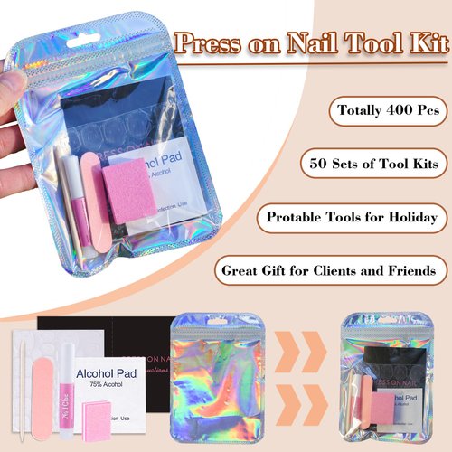 50 Set Press On Nail Tool Prep Kit for Nail Salon Business, Disposable Manicure Kit with Nail File, Buffer, Nail Glue, Prep Pad, Instruction Card, Adhesive Nail Tabs, Wood Stick, Holographic Bag (A)