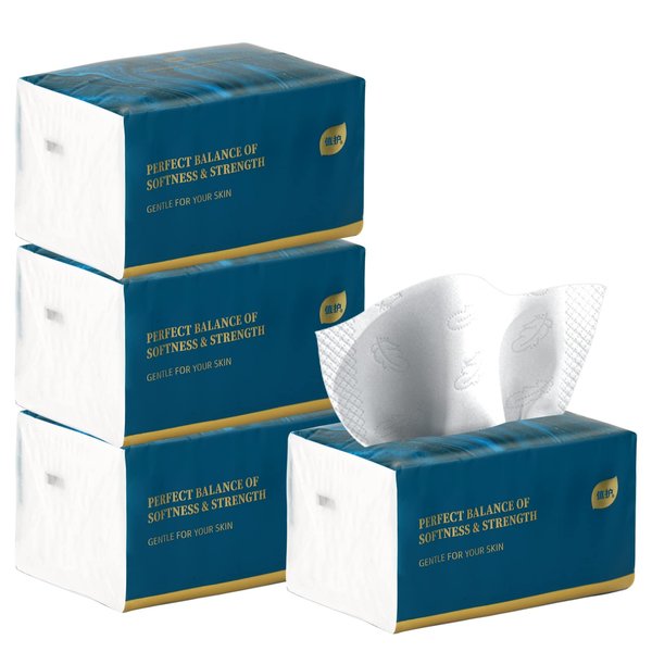 Small Soft Facial Tissue, Bag Cover, NOT In Box, Disposable Facial Napkin, Material Wood Pulp Fiber NOT COTTON, White Facial Paper Tissue, 4-Ply, 4 Packs, 480 Sheets per Pack