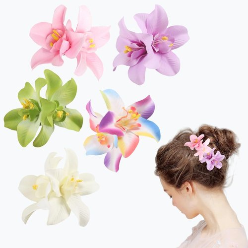 Bohemian Flower Hair Clips - 5pcs Artificial Tropical Hibiscus Plumeria Orchid Hairpin Set for Women Girls - Seaside Holiday Bridal Accessories in 5 Colors