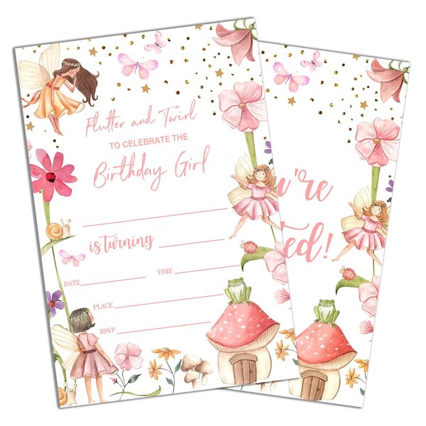 Sahjzk Magical Garden Princess Style Fill-In Birthday Invites(4"x6"), Fairy Birthday Invitations with Envelopes(20-Pack), Birthday Party Supplies for Girls, Teen, Kids-A14