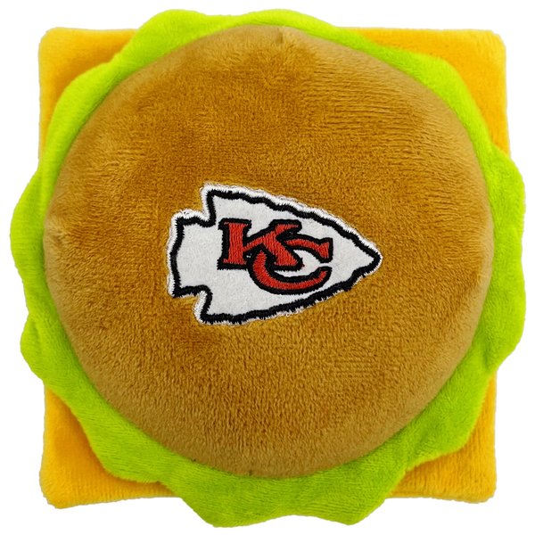 Pets First NFL Kansas City Chiefs Stadium Cheese Burger Plush Dog & Cat Squeak Toy with Beautiful Team Name & Logo