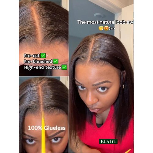 KLAIYI Yaki Straight Bob Wig Bye Bye Knots Glueless Pre Everything 13x4 Lace Frontal Wigs Human Hair Pre Cut Pre Plucked Pre Bleached Put On and Go Wigs for Beginners 30S Easy to Wear Kinky Wig 14Inch