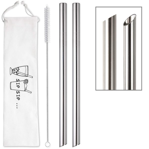 [Angled Tips] 2 Pcs Jumbo Reusable Bubble Tea Straws & Smoothie Straws, 0.5" Wide Stainless Steel Straws, Metal Straws for Bubble Tea/Tapioca Pearl, Milkshakes,Smoothies | 1 Cleaning Brush & 1 Case