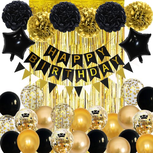 Black and Gold Birthday Decorations, Gold Black Foil Confetti Birthday Balloons Black Foil Balloon Happy Birthday Banner Pom Poms Gold Fringe Curtain for Men Women Birthday Party Decoration Supplies