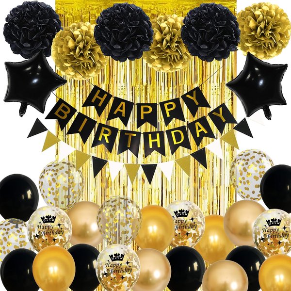 Black and Gold Birthday Decorations, Gold Black Foil Confetti Birthday Balloons Black Foil Balloon Happy Birthday Banner Pom Poms Gold Fringe Curtain for Men Women Birthday Party Decoration Supplies