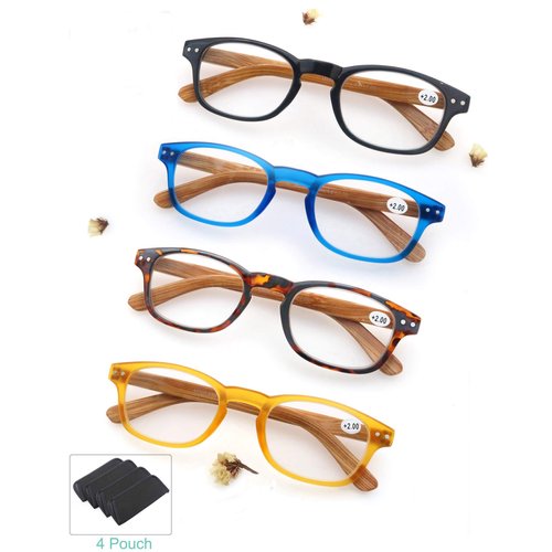 MODFANS 4 Pack Reading Glasses 1.5 Fashion Wood-Look Spring Hinges Stylish Readers Men Women