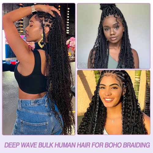 Human Braiding Hair 1 Bundle 100g Deep Water Wave Bulk Human Hair for Braiding No Weft 10A Brazilian Virgin Curly Human Hair Extensions for Boho Braids Wet and Wavy (Natural Black, 16Inch)