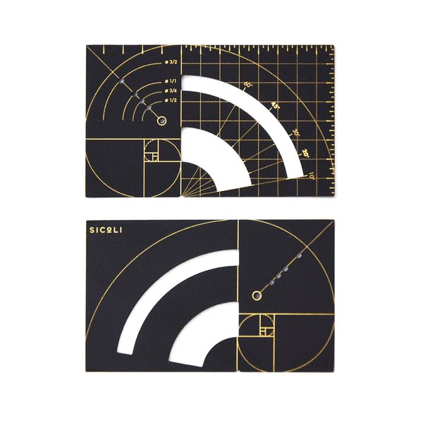 Golden Ruler Designer Brass Wallet Fibonacci Sequence/Series Ratio Multi Tool Essential Metal Card 3.25"x2" (Black)