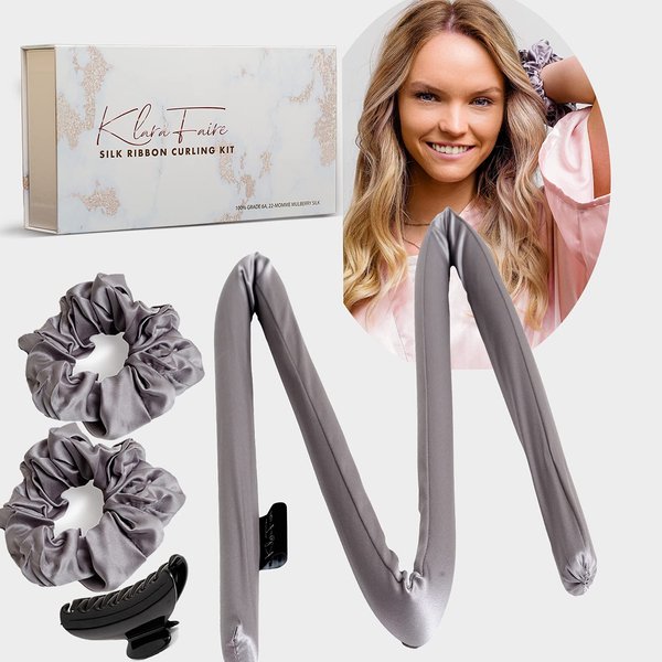 Klara Faire Heatless Hair Curlers -100% Silk Heatless Curling Rod Headband w/ 2Silk Hair Ties & 1Hair Clip | Authentic Grade 6A 22MM Mulberry Silk for heatless curls(Black Silver)