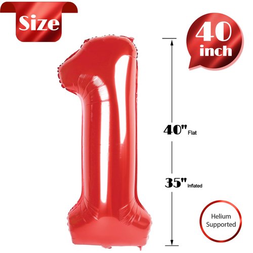 Red Number 1 Balloon for First Birthday 40 Inch, 1st One Number Balloons Birthday Decorations for Girl Boy Toddler Baby
