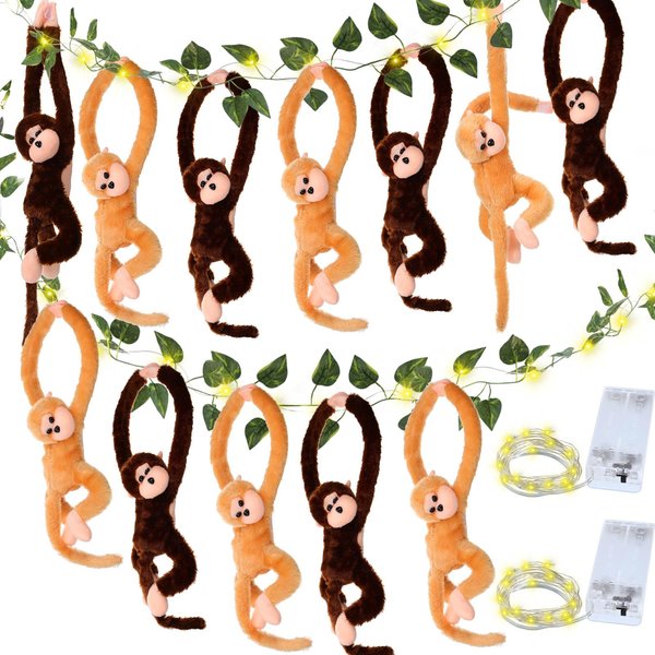 Gemscream 12 Pcs 20 Inch Hanging Monkey Stuffed Animal Stuffed Monkey Plush Toy with 2 Pcs Hanging Artificial Ivy Vines 2 Pcs 20 LED Fairy Light Battery Operated String Light for Gifts(Brown, Khaki)