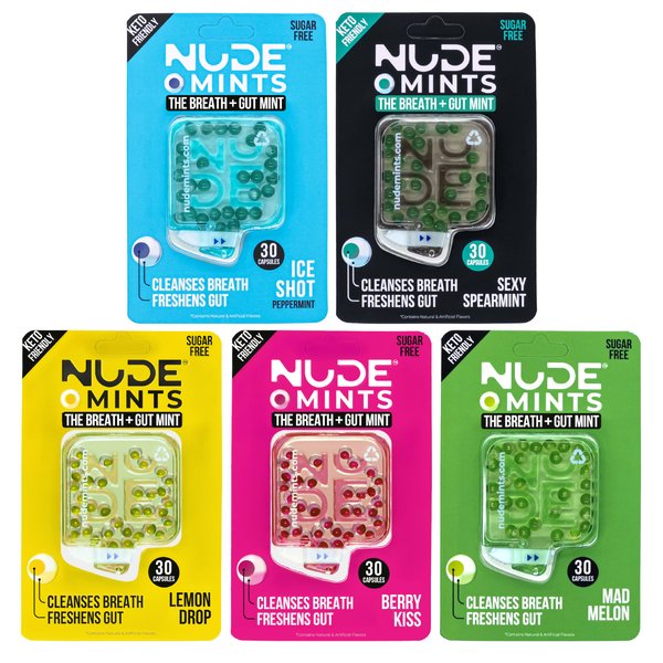 NUDE Breath and Belly Freshener, Liquid Capsule Breath Mint for Bad Breath, Cleanse Gut to Refresh Breath for 3+ hours, VARIETY Pack (5 Pack)