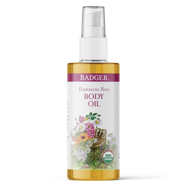 Badger - Body Oil, Damascus Rose, Certified Organic Body Oil, Natural Body Oil, Skincare Oil, Body Oil Organic, After Shower Body Oil, Body Oil for Women, Moisturizer Body Oil, 4 oz