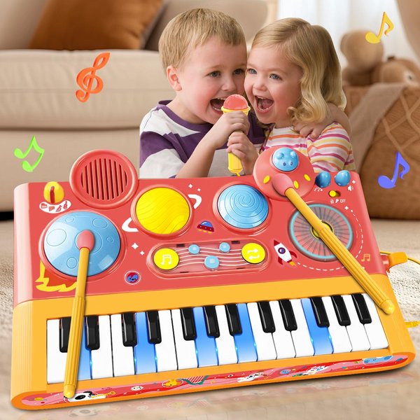 Piano Keyboard Toys for Girls Boys, 5 in 1 Musical Toddler Toys with Microphone DJ Music Table Drum Set for Toddlers, Kids Piano Christmas Birthday Gift for Ages 2-5 Girls (Pink Electric Piano)