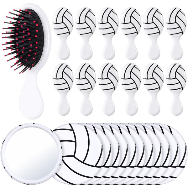 SiliFine 24 Pcs Volleyball Gifts for Team Bulk Include 12 Pcs Volleyball Hair Brush Air Cushion Hair Brush and 12 Pcs 2.76 Inch Volleyball Compact Mirror Round Makeup Mirror for Team Girl Player