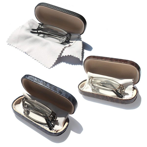 EYE ZOOM 3 Pairs Compact Rectangular Metal Folding Reading Glasses with Hard Case for Men and Women, Black, Gunmetal and Silver, 2.00