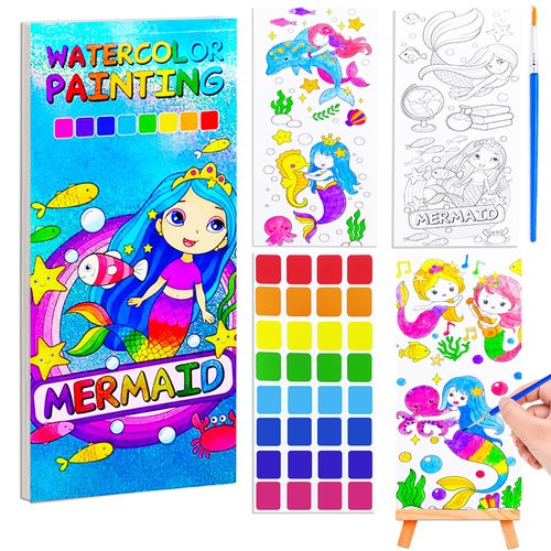 BAOXUE Water Color Paint Sets for Kids, Paint with Water Books for Toddlers Ages 4-8, Pocket Watercolor Painting Book, Arts and Crafts Kit for Girls Boys Watercolor Coloring Book with Brush（Mermaid）
