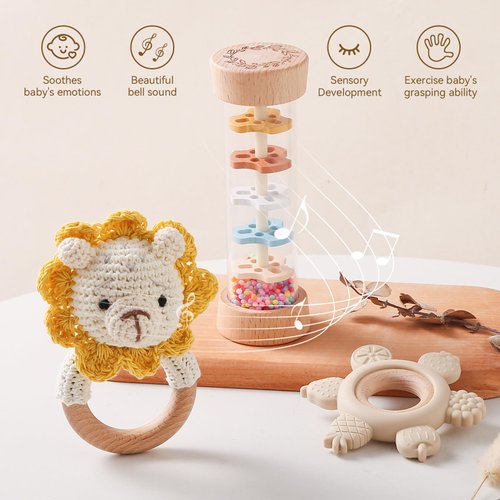 Youuys Wooden Baby Rattle Set (3pcs) - Crochet Rattle Rain Stick Teething Toys, Wooden Montessori Toy for Newborn Infant Baby Rattles Set Toys 3-6 Months(Lion)