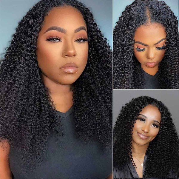 Domiso V Part Wigs Brazilian Kinky Curly Human Hair Wigs for Black Women 180% Density Glueless V Shape Wigs No Leave Out No Sew in Upgrade U Part Wigs Full Head Clip in Natural Black Color 22 Inch