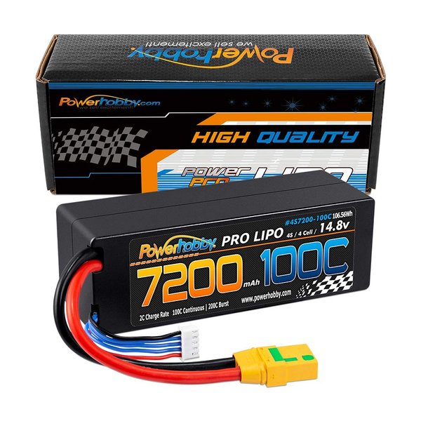 Powerhobby 4s 14.8v 7200mah 100C-200C Lipo Battery w XT90 Plug Hard Case 4-Cell FITS : Arrma Kraton Tyhpon Senton Tailon Outcast FAZON