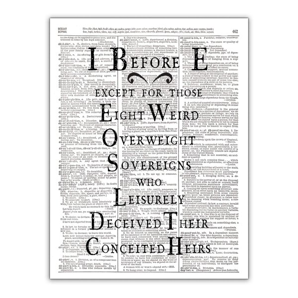 I Before E, Grammar and Spelling Classroom Decor, Dictionary Page Art Print, 8x10 inches, Unframed