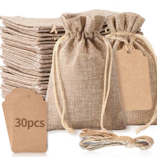 30Pcs 3"x 4" Burlap Gift Bags and 30Pcs Gift Tags with Drawstring, Wedding Hessian Linen Sacks Bag, Jewelry Pouches for Birthday, Party, Present, Wedding Favors, Art and DIY Craft