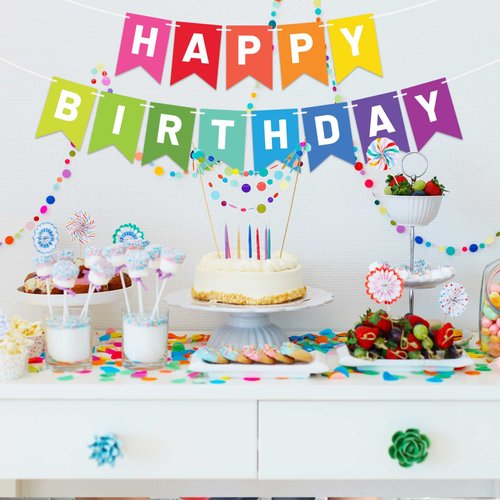 Pre-Strung Happy Birthday Banner - NO DIY - Colorful Birthday Party Banner - Pre-Strung Garland on 6 ft Strands - Multi Color Rainbow Birthday Party Decorations & Decor. Did we mention no DIY?