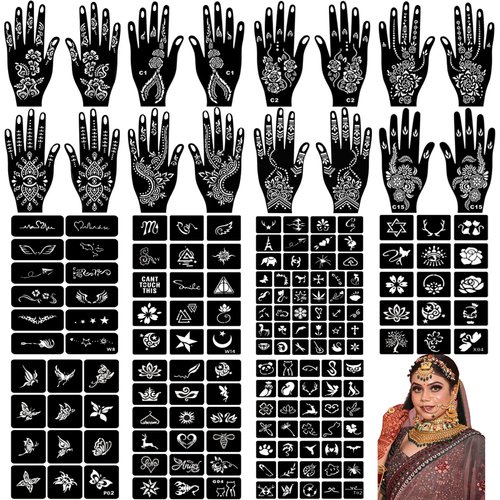 Henna Tattoo Stencil Kit 165+pcs, 23 Sheets Henna Stencils Glitter Airbrush Reusable Temporary Tattoo Stencils Indian Arabian Realistic Tattoo Stickers for Face Body Paint DIY