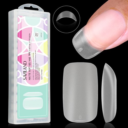 SAVILAND Square Nail Tips – Pre-File Soft Nail Gel Tips Matte Gels X Nails 15 Sizes Natural Nail Tips 360pcs Full Cover No Need Base Gel French Nails Easy to DIY Nail Art Nail Extension DIY Home Gift