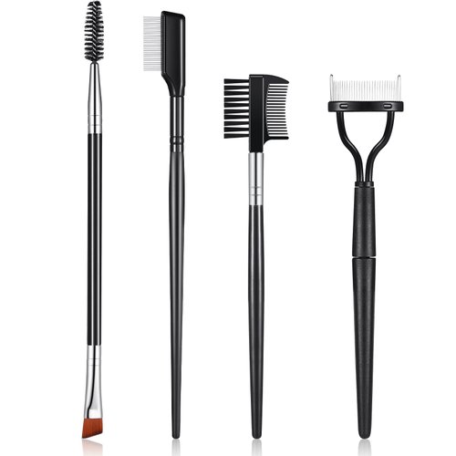 Skyley 4 Pieces Eyebrow Brush Eyelash Separator Brow Comb and Lash Spoolie Professional Eye Makeup Tools Metal Folding Lash Comb for Eyelash Black Double Head Eyelash Brush