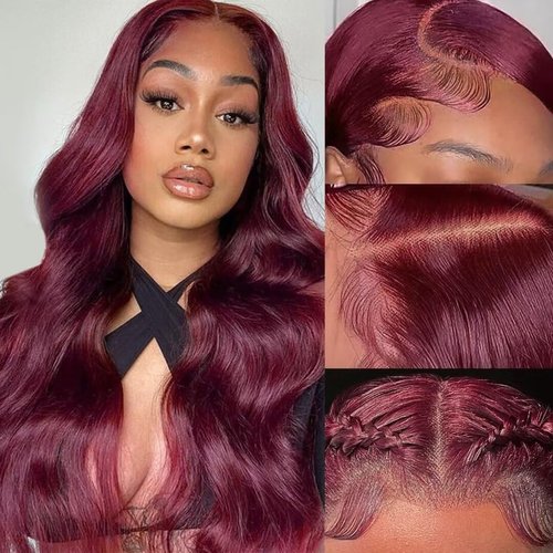 HENGROSE Burgundy 13X4 HD Transparent Body Wave Lace Front Wigs Human Hair 150% Density Natural Hairline Lace Frontal Wigs Human Hair Pre Plucked Bleached Knots with Baby Hair 28 inch