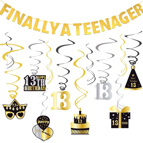 WOJOGO 13 Birthday Decorations for Boys Girls, Pre-strung Gold Glitter Happy 13th Birthday Banner & Swirls, Officially 13 Year Old Teenager Party Decoration Gift Idea