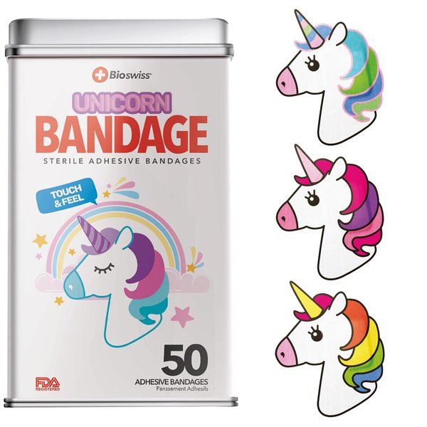 BioSwiss Bandages, Unicorn Shaped Self Adhesive Bandage, Latex Free Sterile Wound Care, Fun First Aid Kit Supplies for Kids, 50 Count
