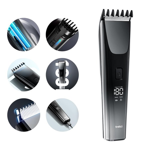 beici Hair Clippers for Men and Kids Adjustable Length Trimmer Haircut Professional Haircuts Tool Grooming 6 Kit LED Screen Display Fast Charge for Family Black