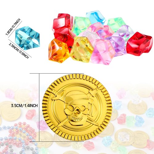 Crowye 180 Pcs Pirate Treasure Pirate Gold Fake Coins Toy Gems ANG Jewels Multicolor Diamonds Coins Beaded Necklace Playset Pirate Decor for Pirates Themed Table Adventure Pool Party(Classic)