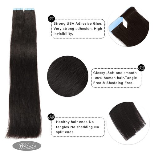 Wohuho Tape in Hair Extensions Human Hair 100% Real Remy Human Hair 40g 20pcs/Set Brazilian Virgin Hair Natural Straight Seamless Invisible Skin Weft Extensions (16 Inch,#1B Naturl Black)
