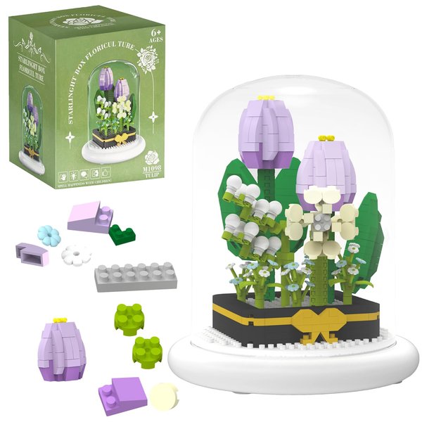 MJDDJA Flower Building Kits, 510 Pcs Mini Bouquet Building Blocks Sets,Forever Tulip Decorated Flower with Dust Cover,Mother's Day, Birthday