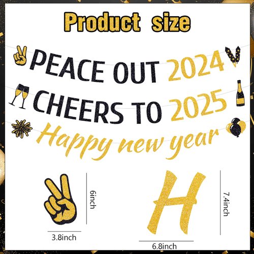 Hokinaa Happy New Year Banner - 3Pcs Peace Out 2024 Eve Party Supplies Gold Glitter Cheers to 2025 Sign Champagne Hanging Decor for Home Indoor Outdoor Wall Decoration Holiday Winter Party Decorations
